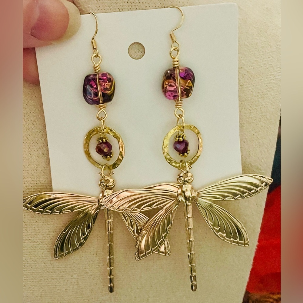 Hand Crafted Gold Dragonfly Earrings with Purple and Pink Beads